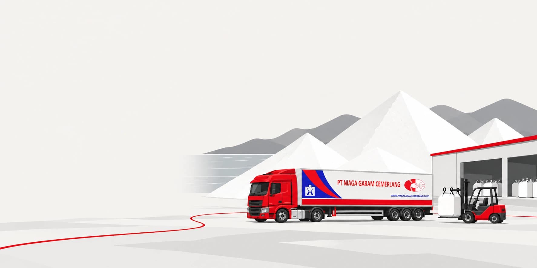 Ilustrasi truk NGC bercorak merah dan biru, gundukan garam putih, forklift dengan jumbo bag, dan gudang.