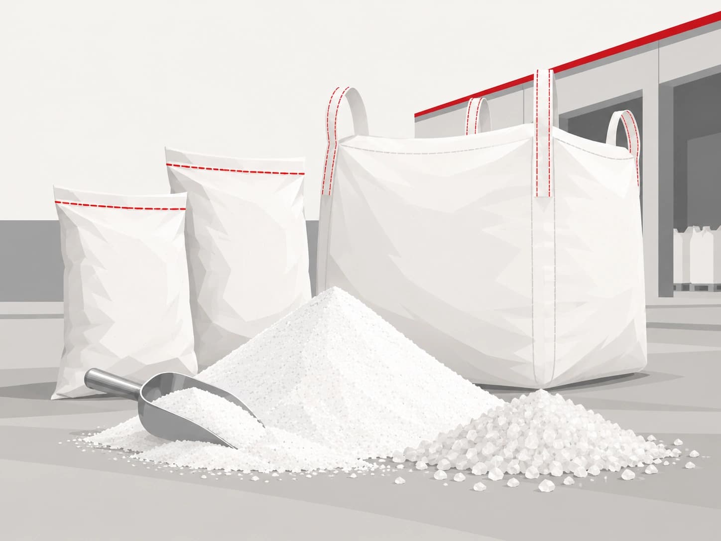Ilustrasi garam halus dan krosok dengan sekop logam, karung, dan jumbo bag di gudang.