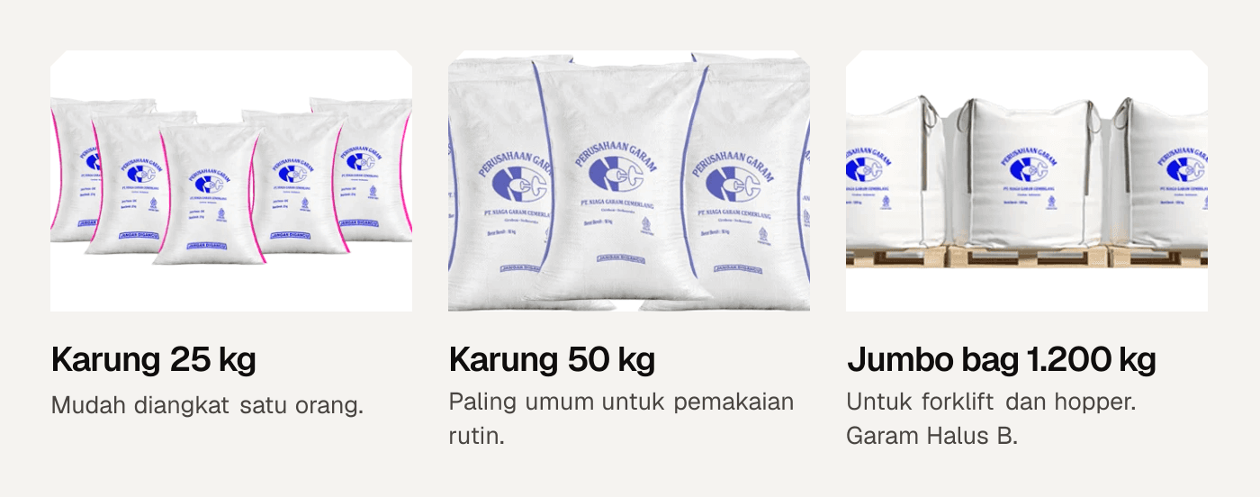Tiga pilihan kemasan garam industri NGC: karung 25 kg, karung 50 kg, dan jumbo bag 1.200 kg.