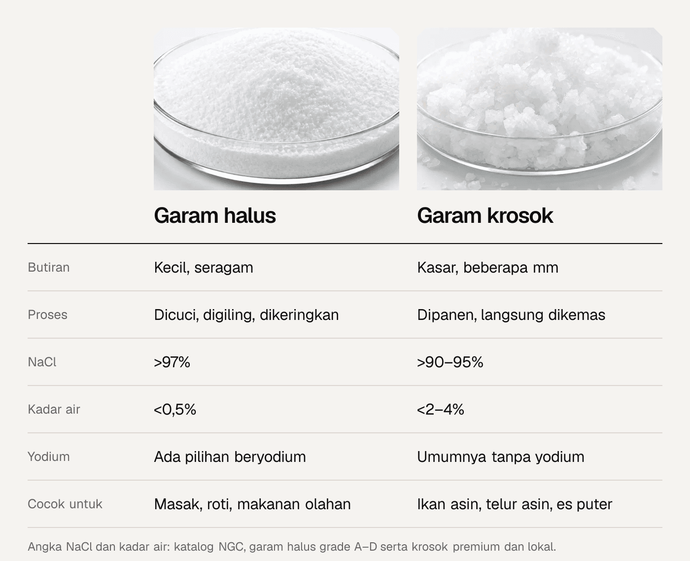 Perbandingan garam halus dan garam krosok: ukuran butir, proses, kadar NaCl, kadar air, yodium, dan kegunaan.
